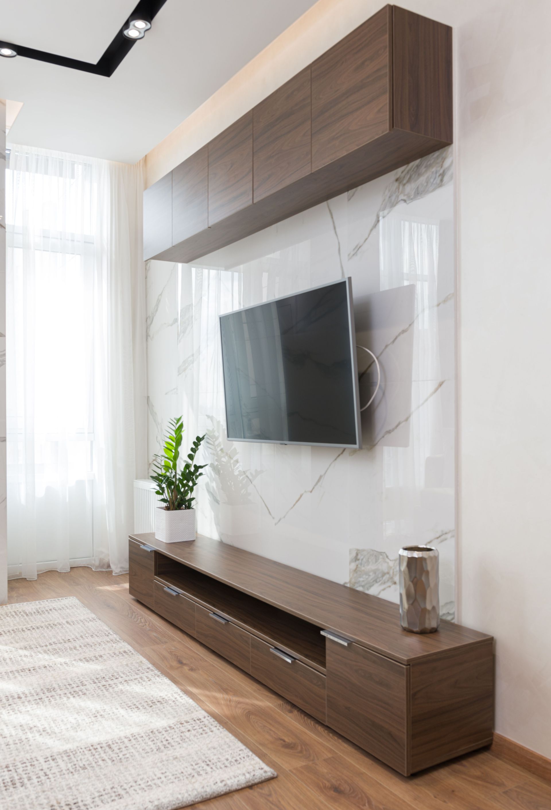Interior of light living room with carpet on floor TV on wall and cabinet in modern apartment